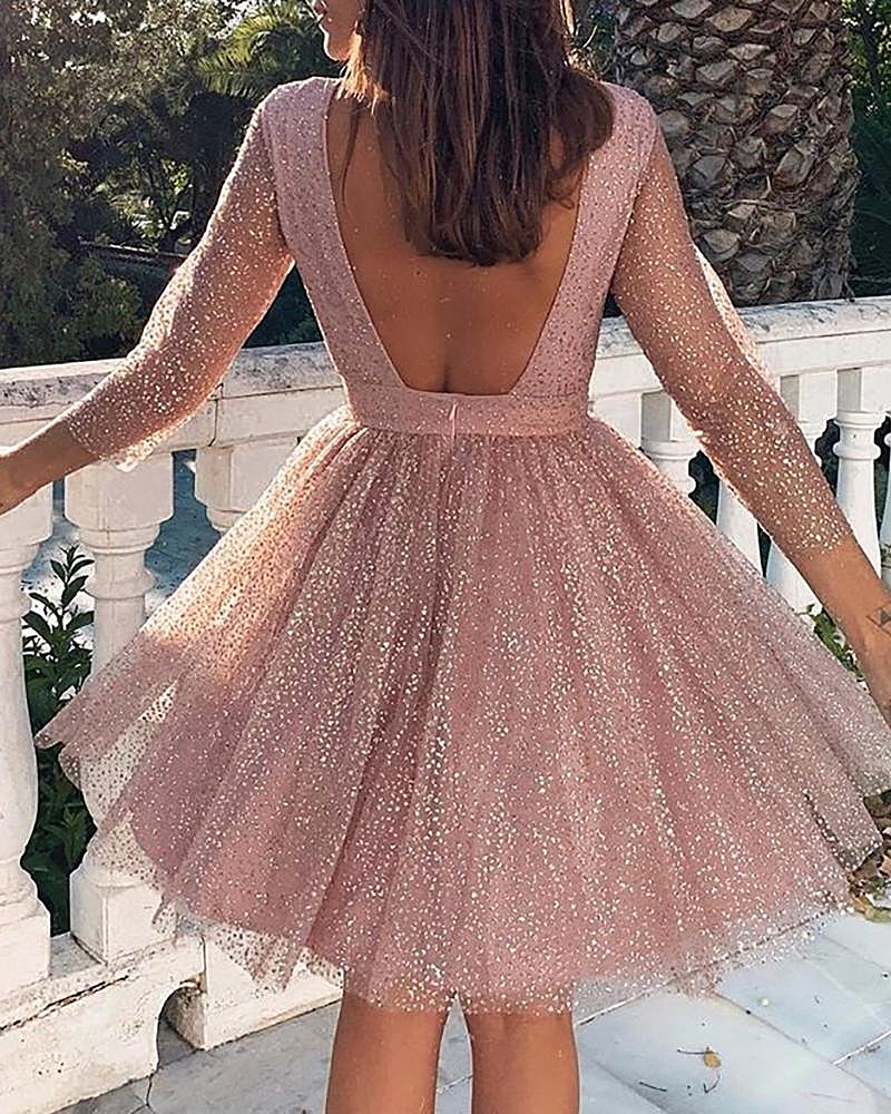 Glitter Sequins Mesh Overlay Pleated Dress