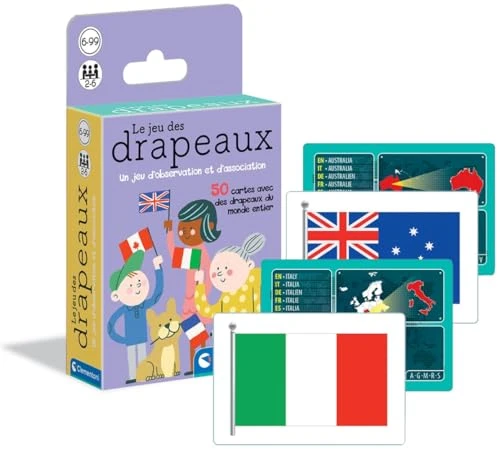 Clementoni | Jeu des Drapeaux – Jeu de Société Éducatif pour Filles et Garçons 6 Ans+ | 50 Cartes Pays | Observation et Association | Culture Générale | Apprentissage Géographie