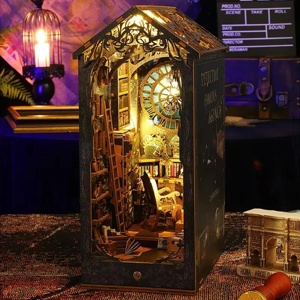 DIY Book Nook Kit with Sensor Light Fun 3D Wooden Puzzle Bookshelf Decor Gift Miniature DIY Bookends Bookworm Scenery Diorama Unique Gifts