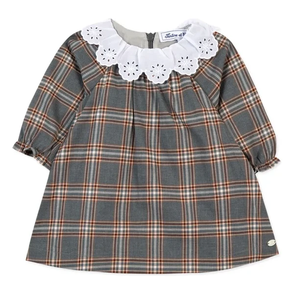 Robe à Carreaux Col Brodé | Gris chiné