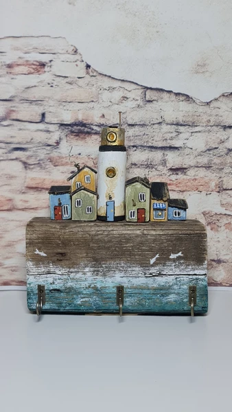 Bois flotté | Porte-clés thème marin "Village côtier" | Décor d’art à la maison | Décoration murale | Cadeaux | Chalet miniature
