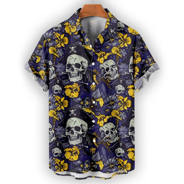 Pirate Skull and Yellow Hibiscus Hawaiian Shirt – Summer Paradise Vibes