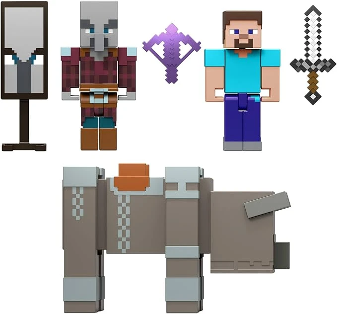 Mattel Minecraft Coffret Invasion de Village avec 3 Figurines articulées de 8 cm et 3 Accessoires, Coffret à Collectionner incluant Steve, JJT18