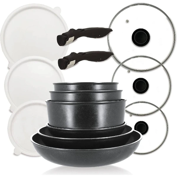 MENASTYL - set de 14 pièces : 3 poêles + 3 casseroles + 3 couvercles verre + 3 couvercles + 2 poignées