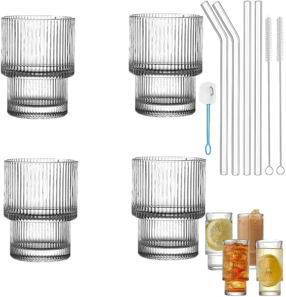 Verres à Boire nervurés, Tasses en Verre nervuré 12 oz, Verres nervurés Lot de 4, Verres nervurés, Accessoires de Bar à café, verrerie Vintage pour Whisky Cocktail bière café glacé (250ml)