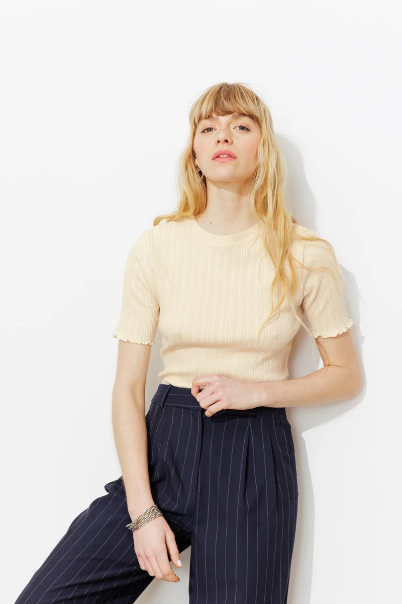 T-shirt côtelé ajouré Femme