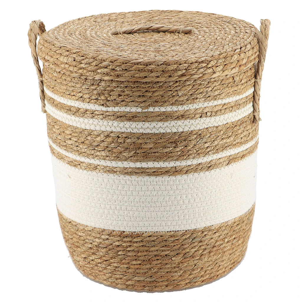 SALON ► [ 43x37cm ] Panière linge couvercle blanc osier naturel