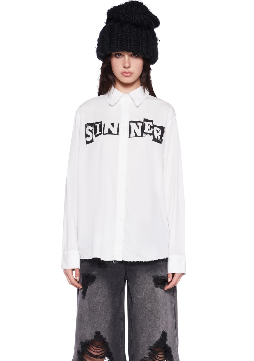 Current Mood Saint Long Sleeve Distressed Shirt Punk - White