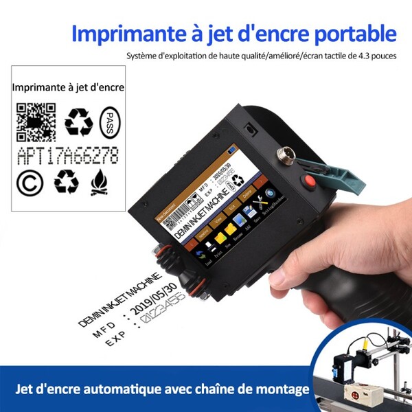 Imprimante à Jet D'Encre Portable Imprimante De Codes Haute Définition Avec 4.3 Pouces écran Tactile LED, Cartouche D'Encre à Séchage Rapide Pour étiquette/Date De Production/Logo Etc