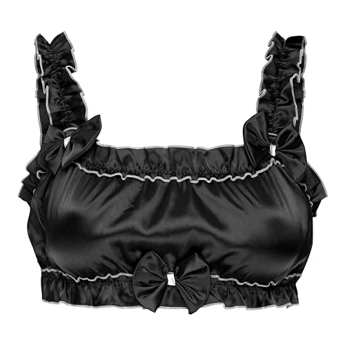 Satini efféminé Froufrou A Volants Ajusté Soyeuse Satin Lingerie Bralette (Noir, XL)
