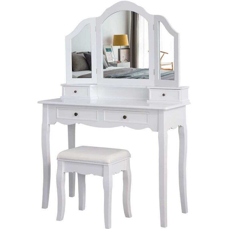 Coiffeuse avec Tabouret, Table de Coiffeuse avec 3 miroirs, 4 tiroirs, Autocollants antidérapants Blanc