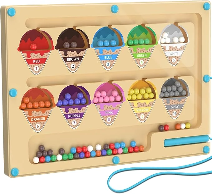 Jouet Labyrinthe Magnétique Enfant,Jeux Montessori 3 Ans en Bois Apprendre Les Couleurs Jeu de Comptage,Crème Glacée Jeux Aimants Magnetique pour Tout-Petits Garçons Filles,Cadeau pour 3 4 5 6 Ans