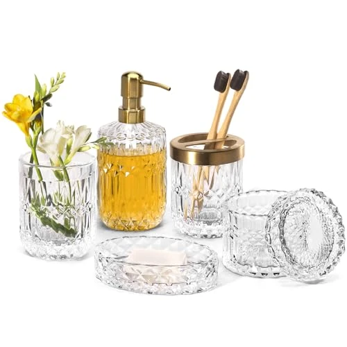 6pcs Accessoires de Salle de Bain en Verre Transparent 