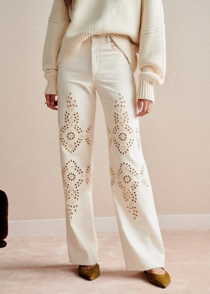 Pantalon Le Wide Leg - Broderies Lierre Fond Écru