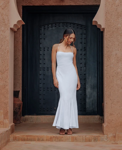 Robe longue évasée effet sirène avec bretelles