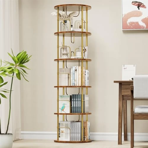 Bibliothèque Rotative à 360°, Étagère Livre en Bois sur Pied, Bibliothèque Tournante à 5 Niveaux, Tour de Rangement pour Chambres, Bureaux et Salons, 45 × 45 × 160 cm, Marron Vintage