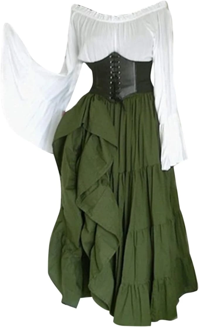 Susenstone Robe Corset Renaissance Robe Traditionnelle Irlandaise pour Femmes sur l'épaule Chemise Robe Victorienne Robe de Bal