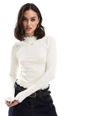 ASOS DESIGN - Top à manches longues sans coutures effet sculptant avec bordures ondulées - Crème