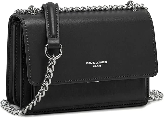 David Jones - Petit Sac Bandoulière Femme - Mini Pochette Téléphone Portable Cuir PU Rigide - Chaînes Porté Epaule - Besace Rectangle Sacoche Soirée Shopping Ville Tendance - Noir
