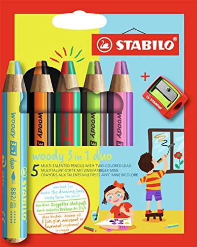 STABILO woody 3in1 duo - Crayon de couleur - Etui carton x 5 crayons à mine bicolore + taille-crayon