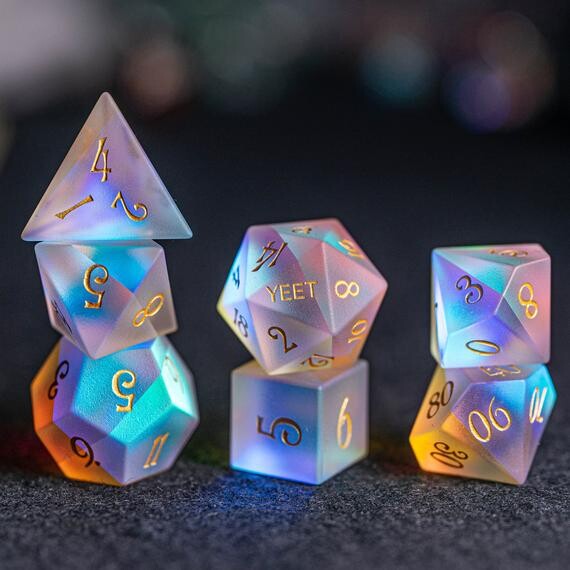 Full Set Frosted Dichroic Glass Polyhedral Dice Set