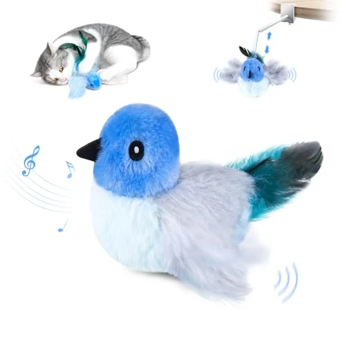 Migipaws Jouet interactif électrique pour Chat - Jouet en Peluche pour Chat - Réels battements et gazouillements comme Un Oiseau - Rechargeable - avec Herbe à Chat - Bleu