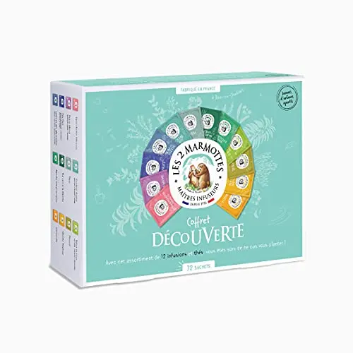 Les 2 Marmottes - Coffret "Découverte" 72 Sachets - dégustation 11 Infusions 1 Thé - Idéal En Cadeau - Bien-Être Et Relaxation - S'initier Aux Plantes - Made In France - Sans arômes ajoutés - 115g