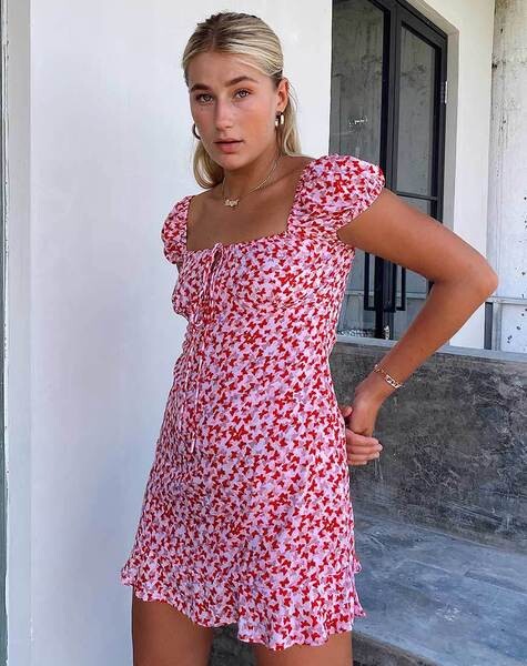 Galaca Mini Dress in Ditsy Butterfly Peach and Red by Motel