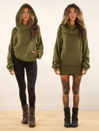 Pull long retroussable à capuche "Helixx", Vert kaki