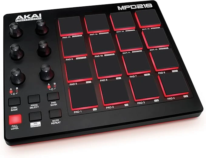 AKAI Professional MPD218 - Contrôleur de pad MIDI/machine à pads de batterie avec 16 pads, commandes assignables, logiciel de production inclus