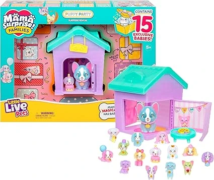 Little Live Pets Mama Surprise Families Pack Chiots en fête, Collectionne 15 chiots miniatures, Set de jeu pliable compatible avec la Maison de maman, Plus de 80 à collectionner, À partir de 5 ans