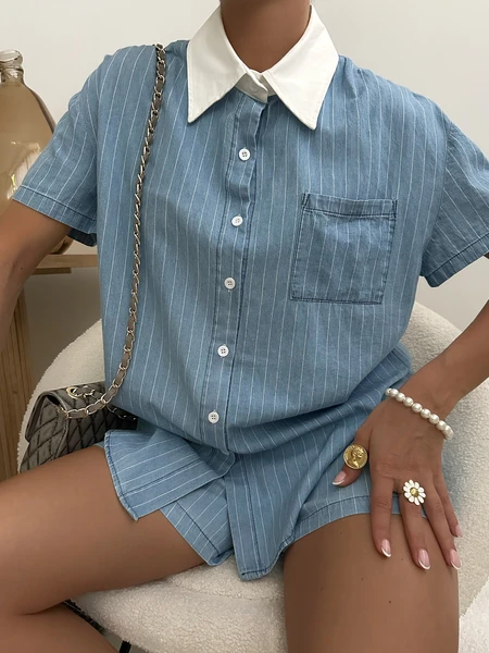 Ensemble chemise et short à rayures GERALDE - bleu clair