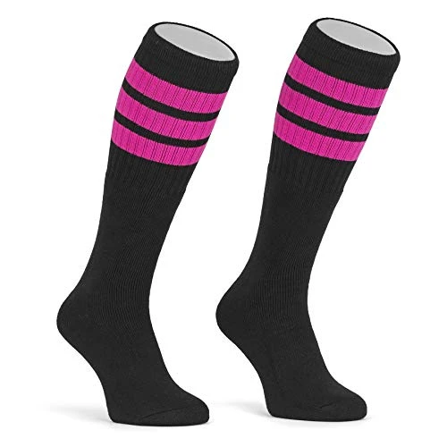 skatersocks Chaussettes Chaussette hautes pour femme - Rayures - 52 cm - Taille genou - Style rétro - Noir - Rayures roses