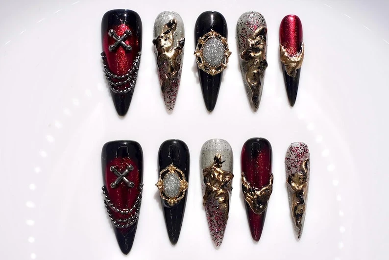 Presse punk 3D personnalisée sur les ongles | Décoration d'ongles en métal chromé cool | Ongles Coquette mystique de luxe | Ongles stylets faits