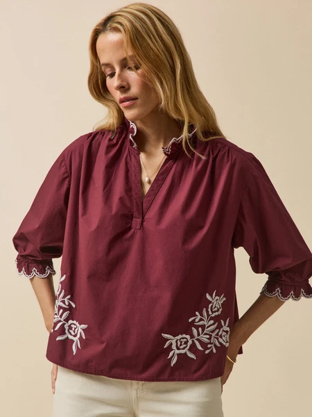 Blouse col volanté coton brodé femme