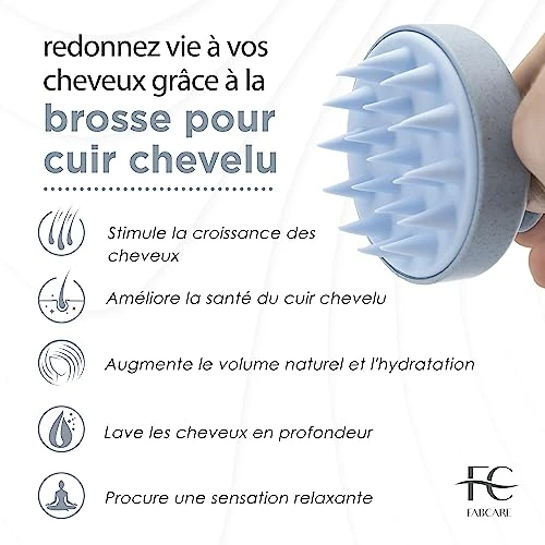 FABCARE Brosse Cuir Chevelu Masseur Pousse Cheveux Paille de Blé Silicone Gommage Humides Secs Circulation Sanguine Stimulation Massage Régénérant Durable Ergonomique Léger Antidérapant (Bleu)