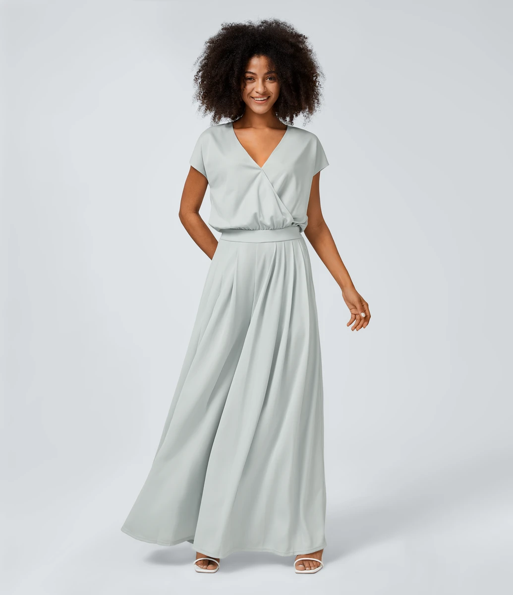 Combinaison Casual Col en V Jambes Large Plissée Manches Courtes Poche Latérale Gaufrée Fluide