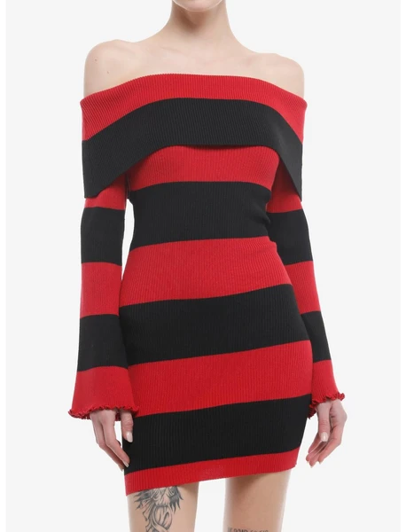 Black & Red Stripe Off-The-Shoulder Long-Sleeve Dress