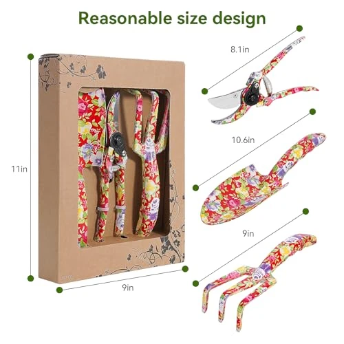FLORA GUARD Outils de Jardinage en Aluminium de 3 pièces avec imprimé Rouge - truelle, Transplanter, sécateur, Ensemble-Cadeau pour Le Jardinage (Rouge)