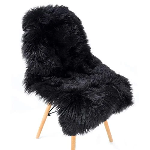 QINGLOU Peau de Mouton synthétique,Cozy Sensation comme véritable Laine Tapis en Fourrure synthétique, Fluffy Soft Longhair Décoratif Coussin de Chaise Canapé Natte (Noir, 50 x 80 cm)