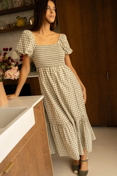 Robe Longue Imprimé Vichy Manches Bouffantes Et Haut Smocké - Kaki - Boutique Libertie
