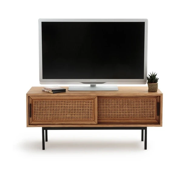 Banc-TV chêne et cannage, 2 portes, WASKA 