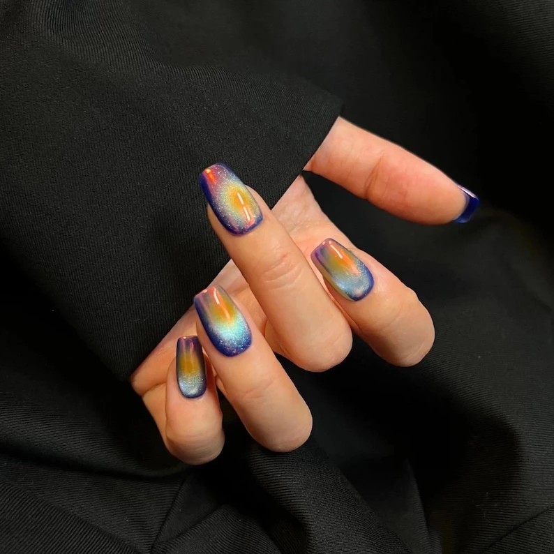 Aura dégradé à presser sur les ongles/ Extension acrylique courte pour ongles carrés en amande/ Fait main