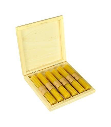 6 Bougies Pure Cire d'abeille roulées à la main en nid d'abeille Bougies Boîte en bois avec cinq Naturel Cire d'abeille Bougies pilier