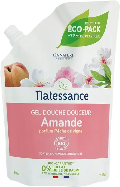 Natessance - Douceur Douceur Douchegel, perzikwijnstokken, gecertificeerd Bio Cosmos Organic Eco-Pack 100% recyclebaar, 650 ml