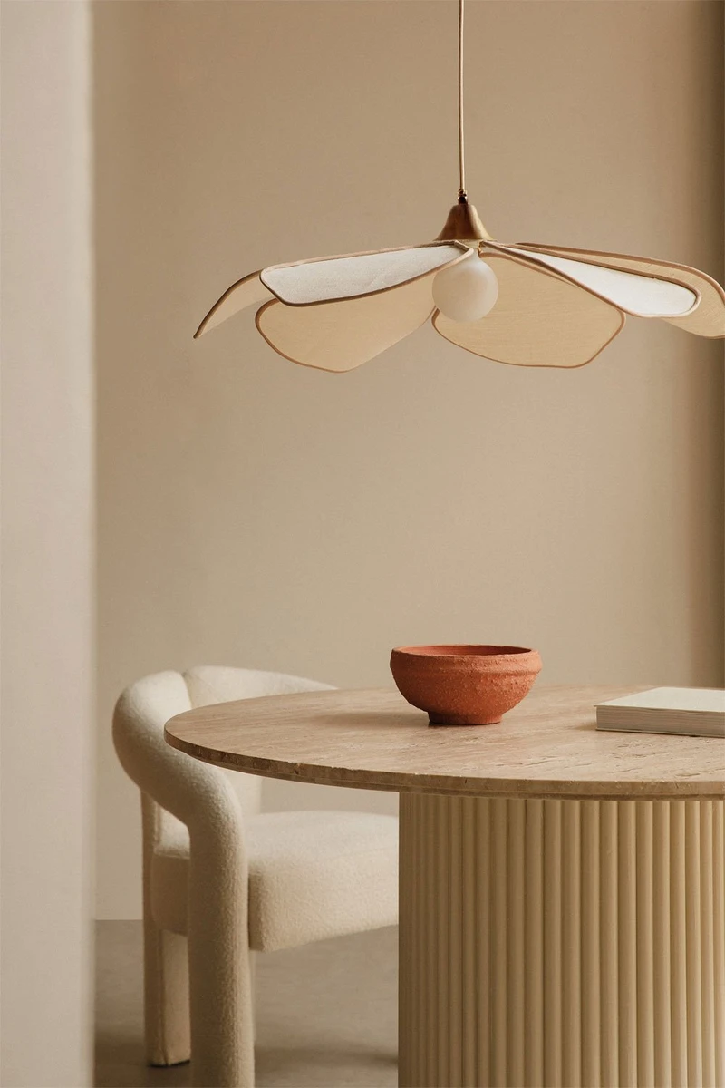 Plafonnier Ø75 cm en lin et coton beige crème Benavid