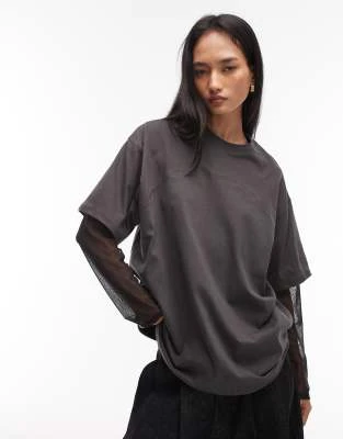 ASOS DESIGN - Top oversize 2-en-1 avec surpiqûres et manches longues en tulle - Gris/noir