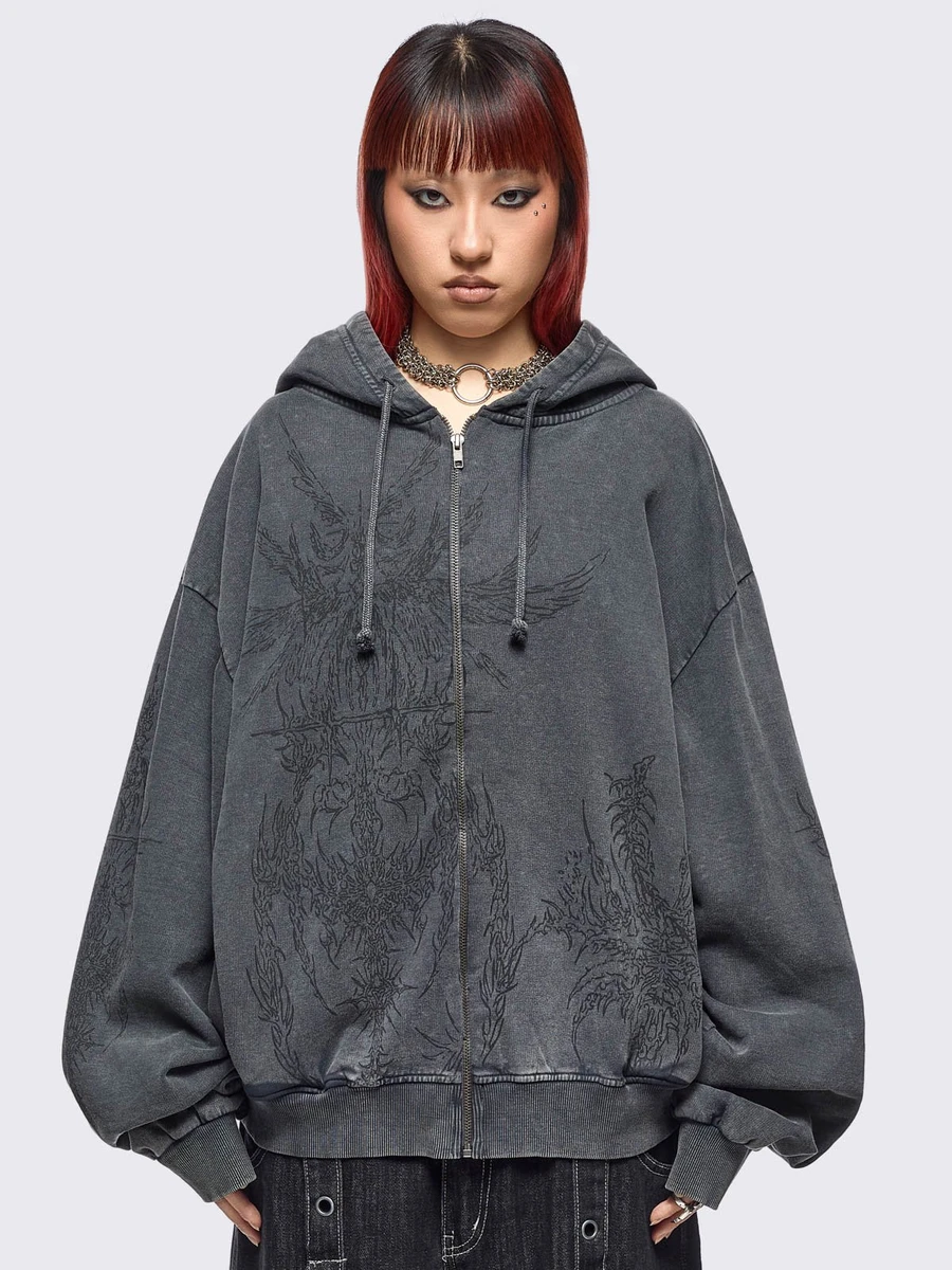 Enigmatic Grey Washed Zip Up Hoodie