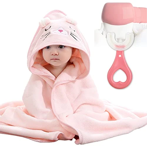 DKDDSSS 2PCS Serviette de Bain Capuche Bébé, Sortie de Bain Bébé Douce, Cape de Bain Bébé à Capuche, Super Absorbante, Idée Cadeau Naissance Bébé, Pink