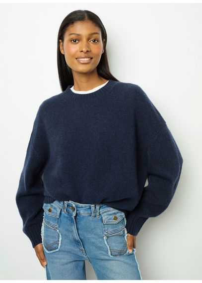 Pull Femme J Crew M/L - Bleu Avec Rayures Blanches - Laine Mélangée - Occasion Très Bon état